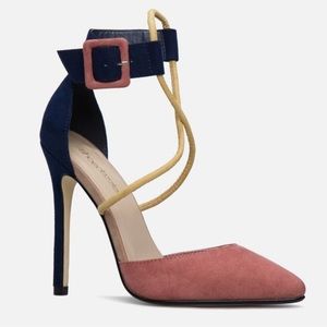 Donatella Buckle Strap Pointed Toe Color-block Stiletto Pumps